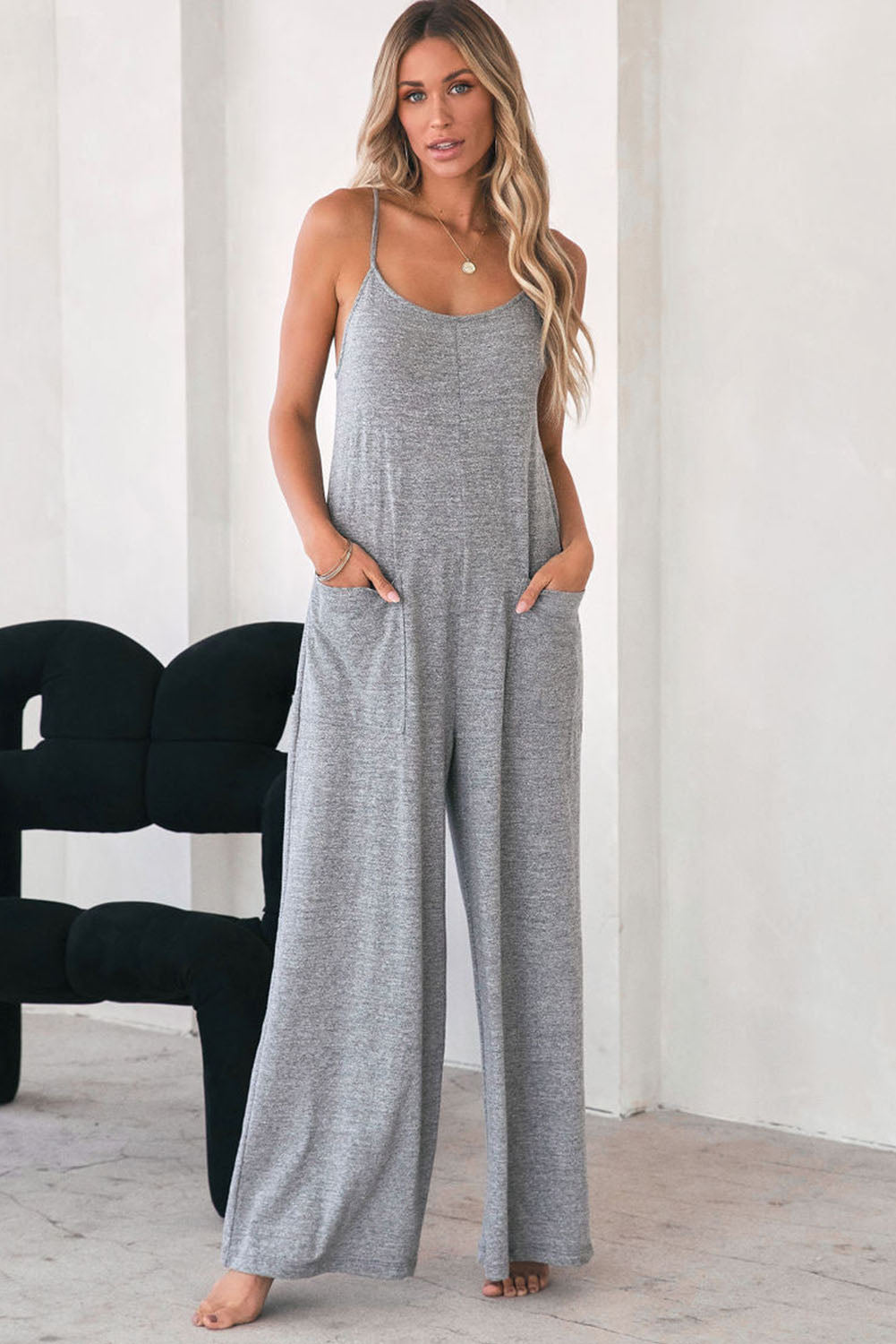 Gray Loose Fit Side Pockets Spaghetti Strap Wide Leg Jumpsuit