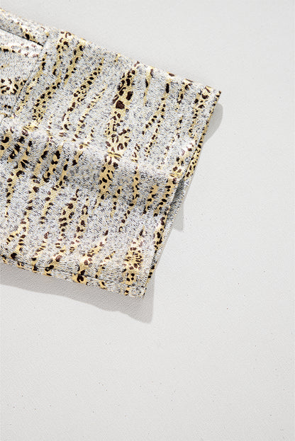 Gray Leopard Print Half Sleeve V Neck Loose Fit T Shirt
