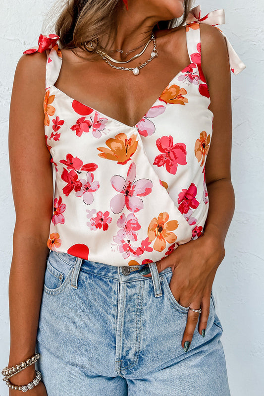 White Floral Print Wrap Sleeveless Bodysuit