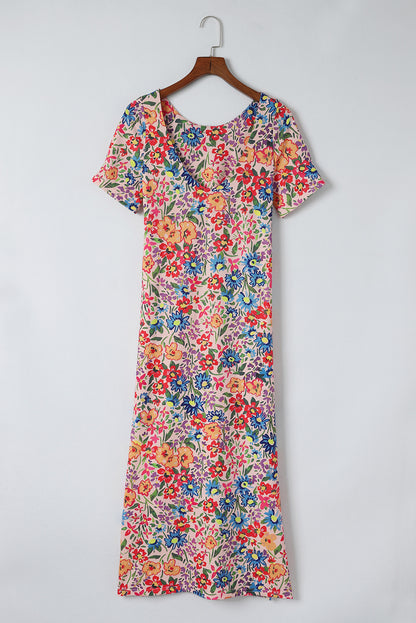 Multicolor Floral Print Ruffle Sleeves Open Back Maxi Dress