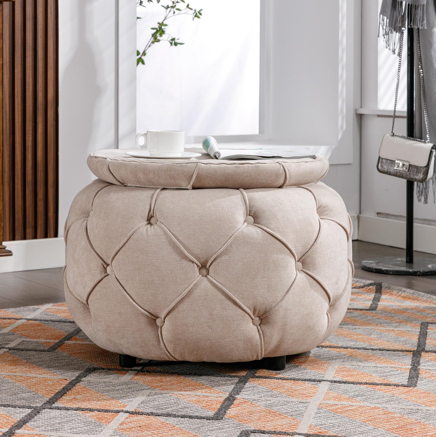 Beige Large Button Tufted Woven Round Storage Footstool