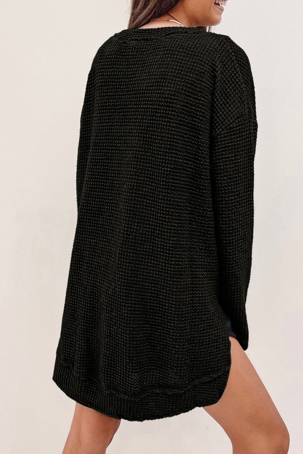 Waffle Knit Drop Sleeve High Slits Oversized Top