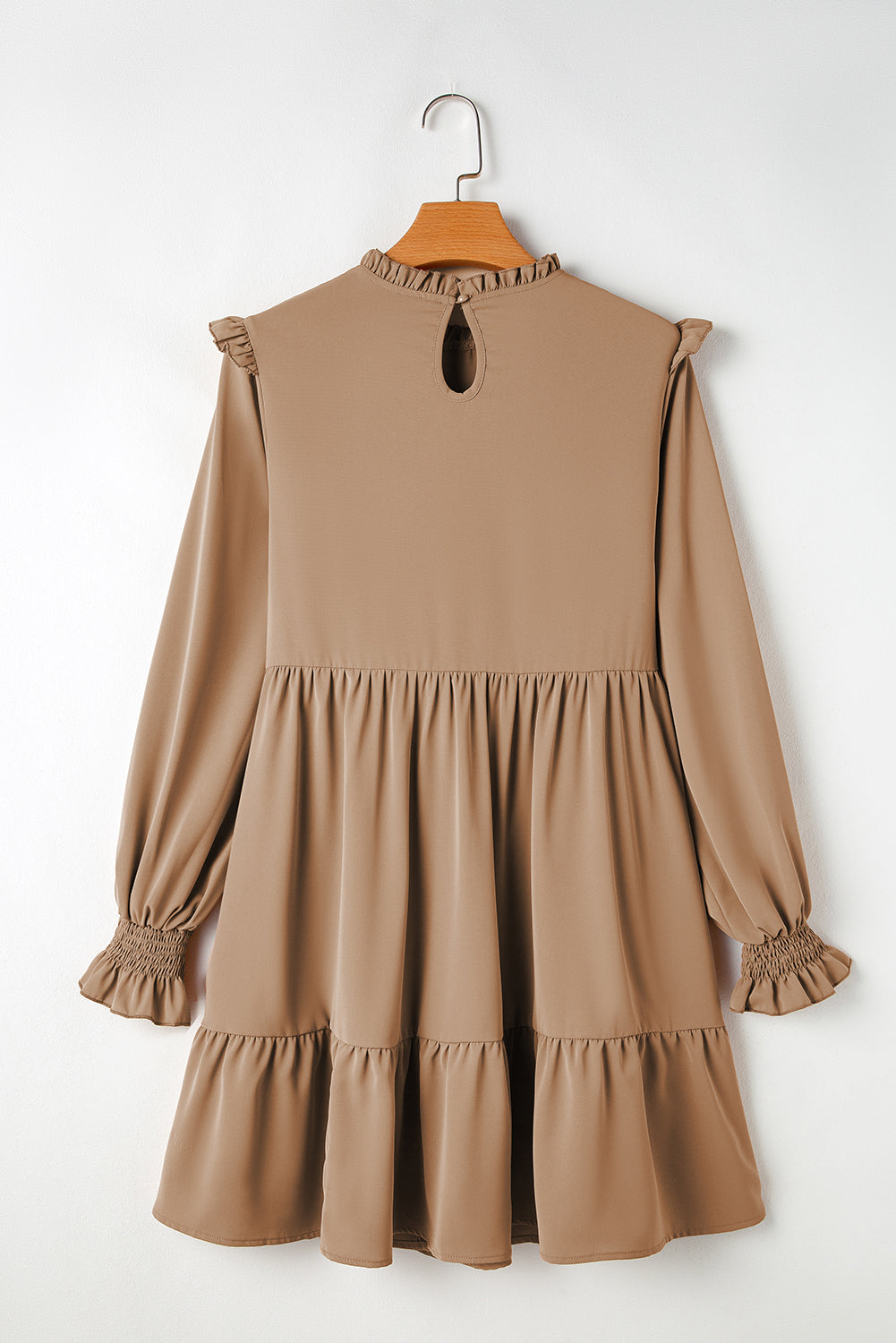 Light French Beige Frilled Collar Ruffled Shoulder Tiered Dress