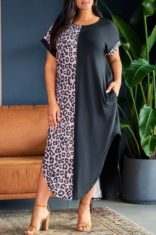 Multicolor Leopard Contrast Short Sleeve Plus Size T-shirt Dress