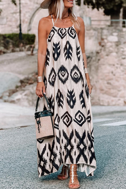 Black Geometric Printed Spaghetti Strap Vacation Sundress