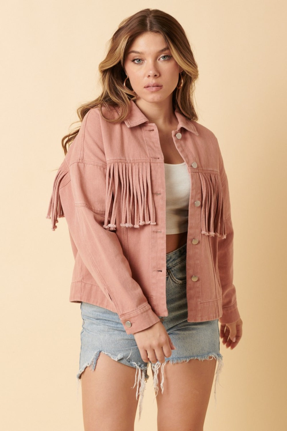 Dusty Blush Fringe Detail Cotton Twill Jacket