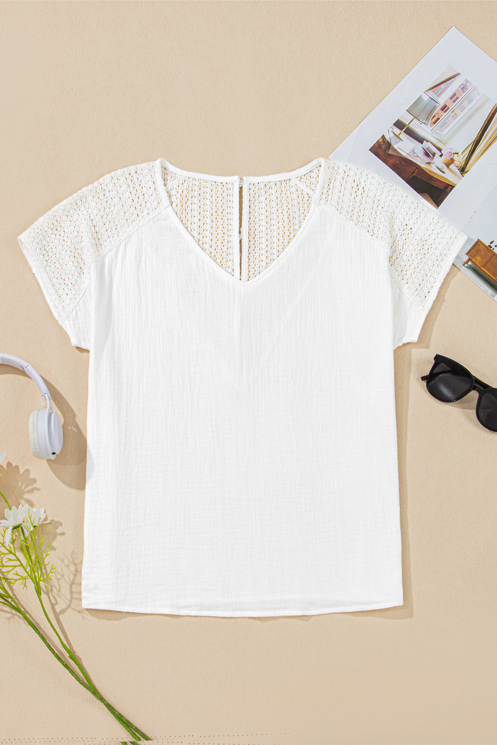 White Lace Crochet Textured Button Back V Neck T Shirt