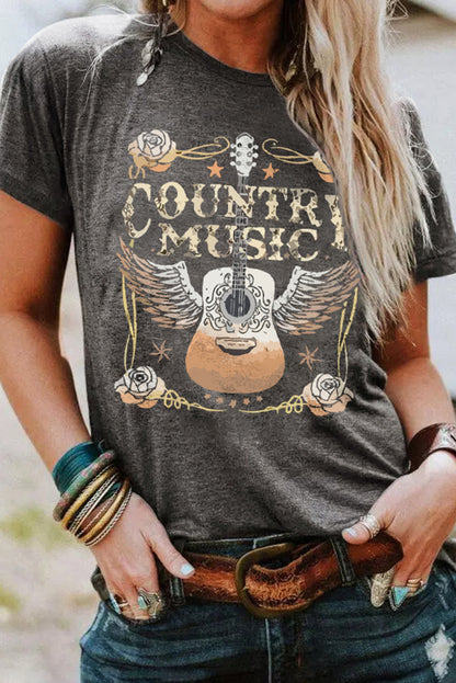 Camiseta gris con cuello redondo y estampado gráfico de guitarra COUNTRY MUSIC