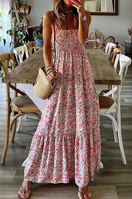 Vestido largo con volantes fruncidos y lazo floral boho blanco