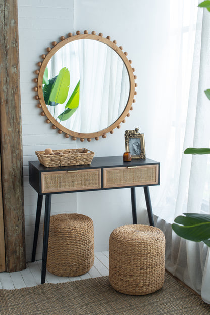 Wood Round Mirror w/ Beaded Frame