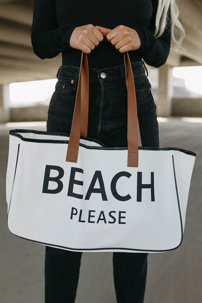 Bright White BEACH PLEASE Print Bolsa grande de lona