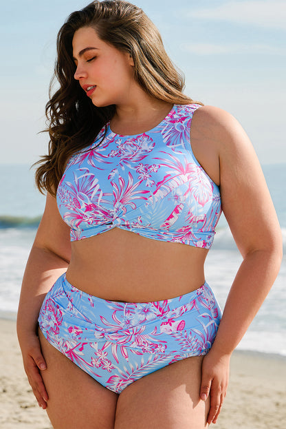 Sky Blue Plus Size Floral Print Twisted High Waist Bikini Set