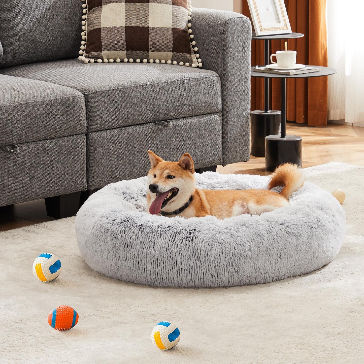 Small Grey Anti-Slip Fluffy Plush Faux Fur Pet Bed
