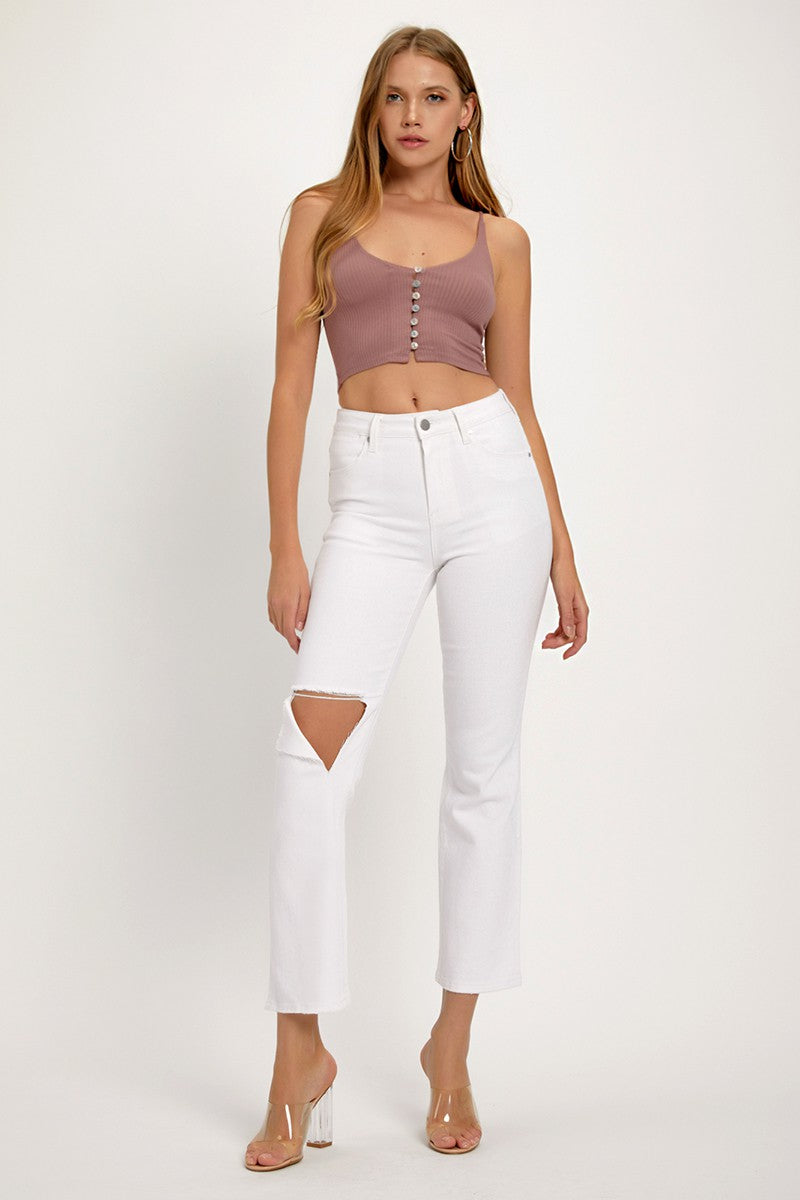 White Distressed Cropped Straight Jeans