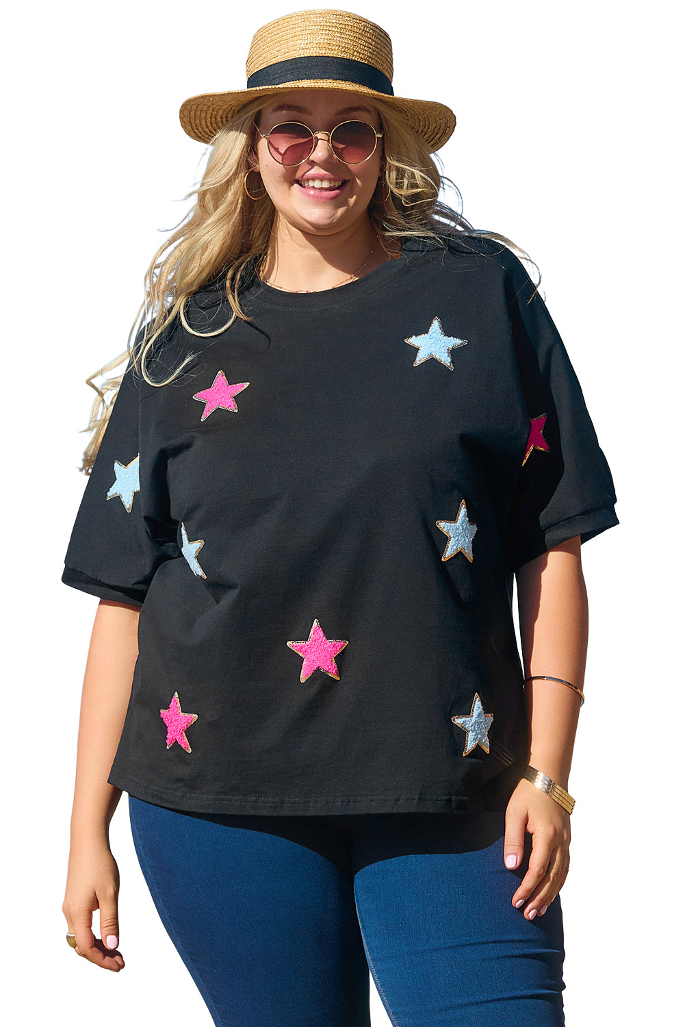 Camiseta de talla grande con estampado de estrellas de chenilla y lentejuelas negras