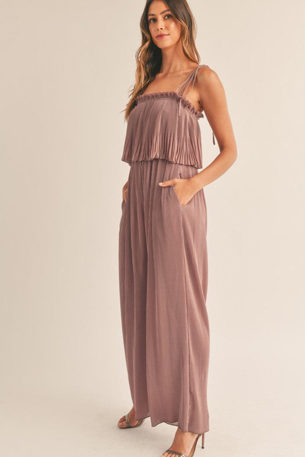 Rose Tan Solid Self Tied Straps Pleated Wide Leg Jumpsuit