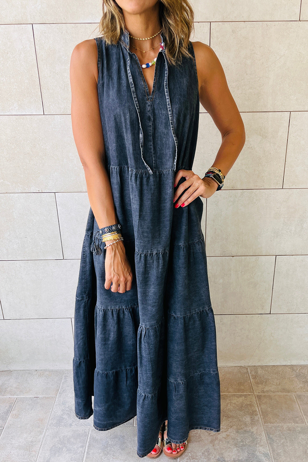 Real Teal Sleeveless Tiered Chambray Maxi Dress