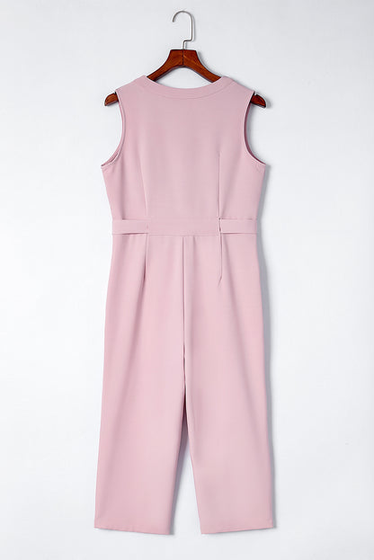 Buttoned Sleeveless Cropped Jumpsuit With Sash