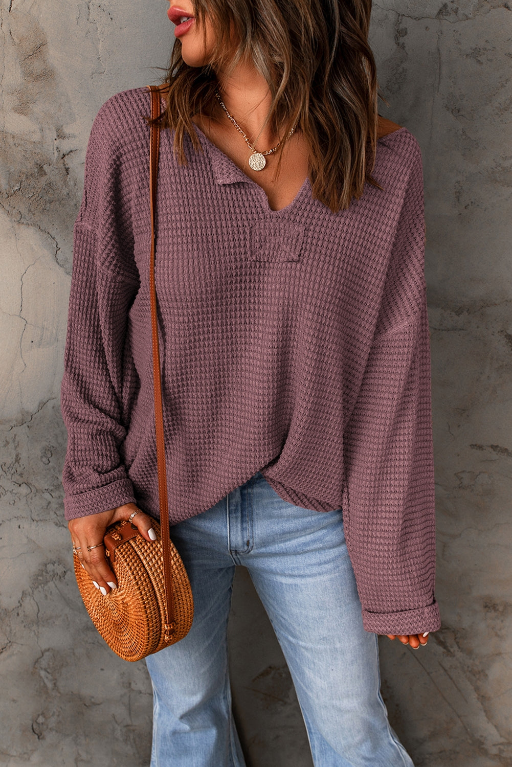 Waffle Drop Shoulder Long Sleeve Top