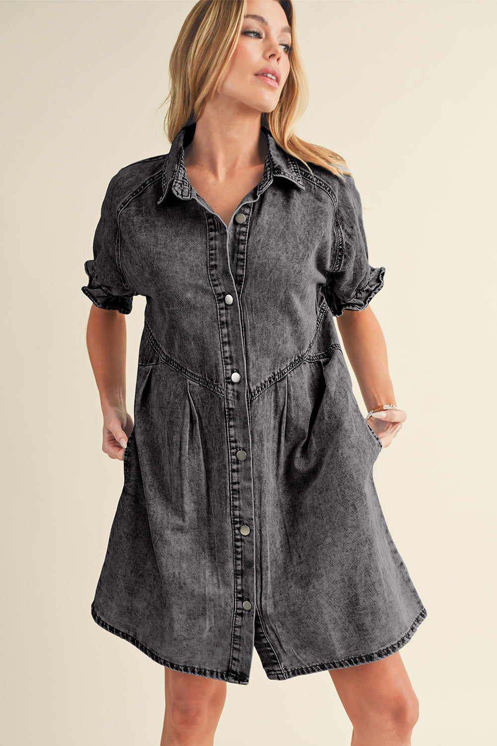 Blue Mineral Washed Ruffled Short Sleeve Pocketed Denim Dress