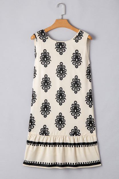 Beige Geometric Printed Sleeveless Hollowed Bowknot Back Mini Dress