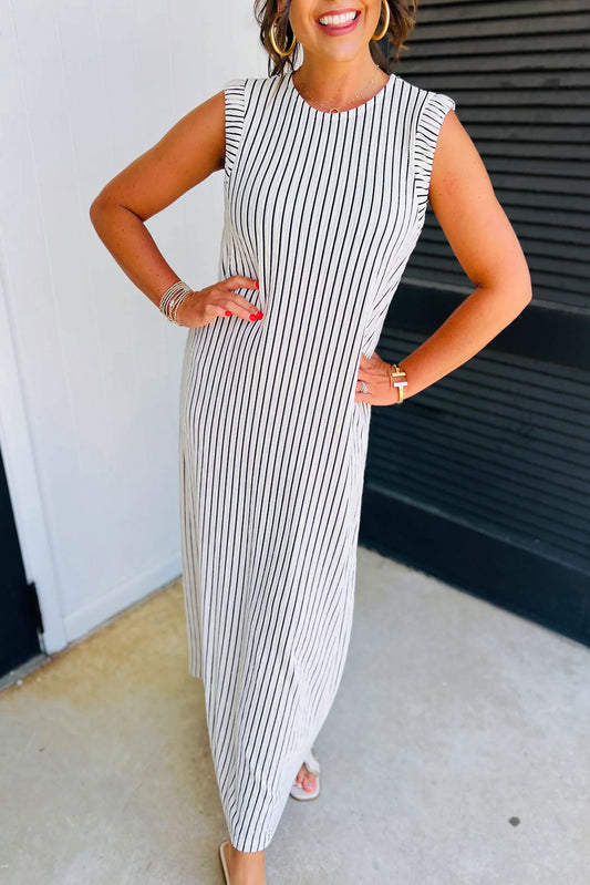 Black White Striped Round Neck Maxi Vest Dress