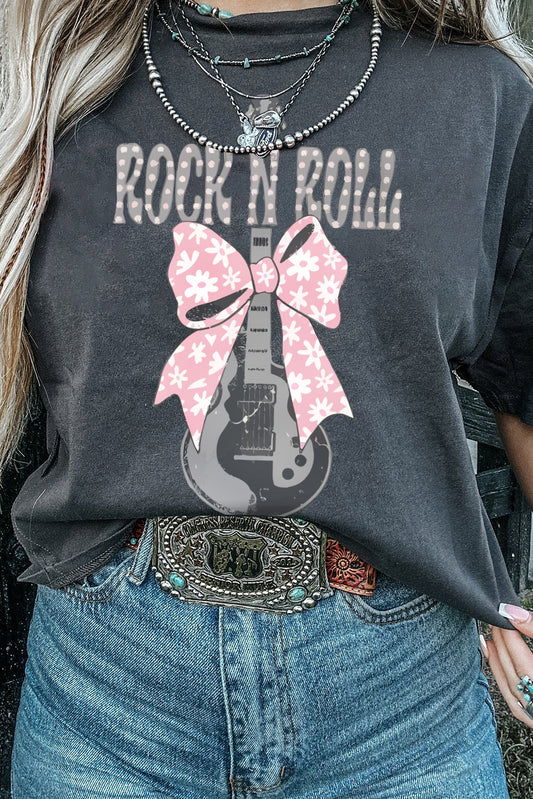 Camiseta negra con gráfico de guitarra Bowknot ROCK N ROLL