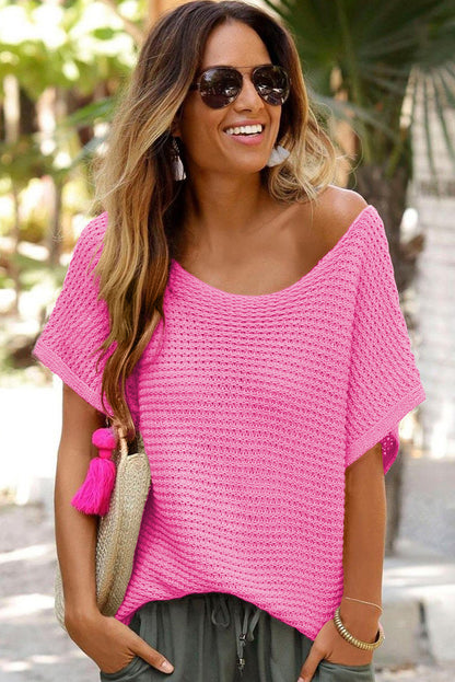 Pink Plain Knit Loose Batwing Sleeve Blouse