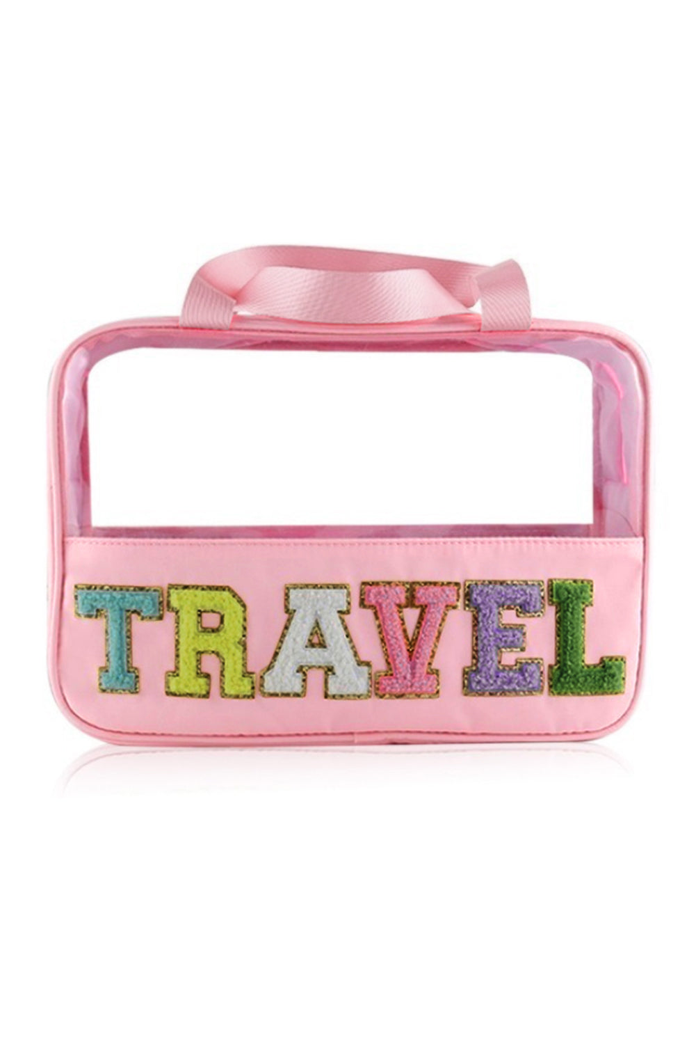 Bolsa de maquillaje de PVC transparente con letras de chenilla de TRAVEL negra