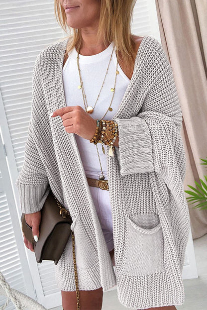 Gray Batwing Sleeve Pocket Oversized Cable Knit Cardigan