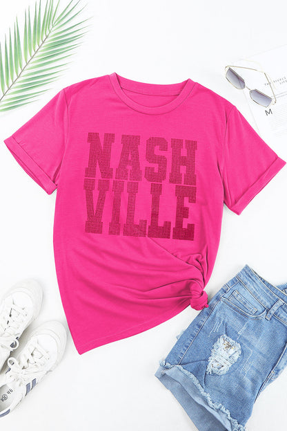 Camiseta con cuello redondo y gráfico NASHVILLE con diamantes de imitación en rojo rosa