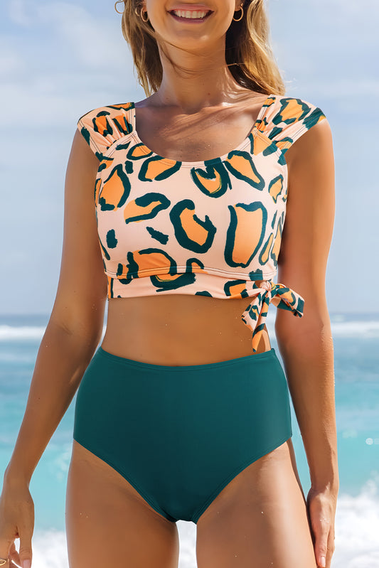 Green Leopard Print U Neck Knotted High Waist Bikini Set