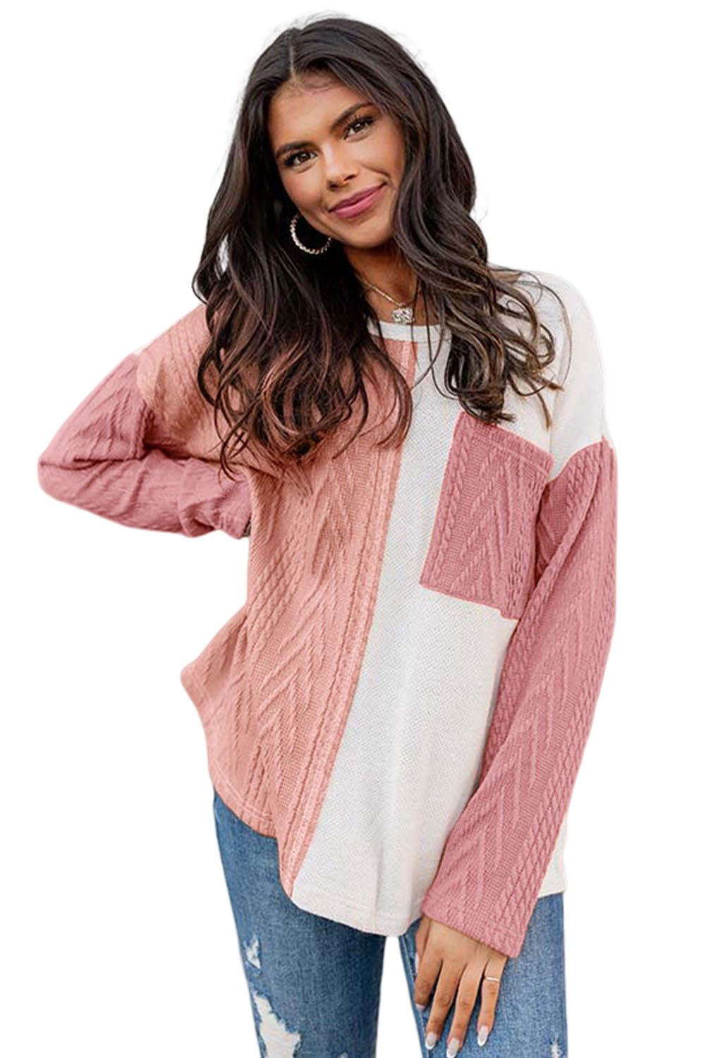 Long Sleeve Colorblock Chest Pocket Textured Knit Top