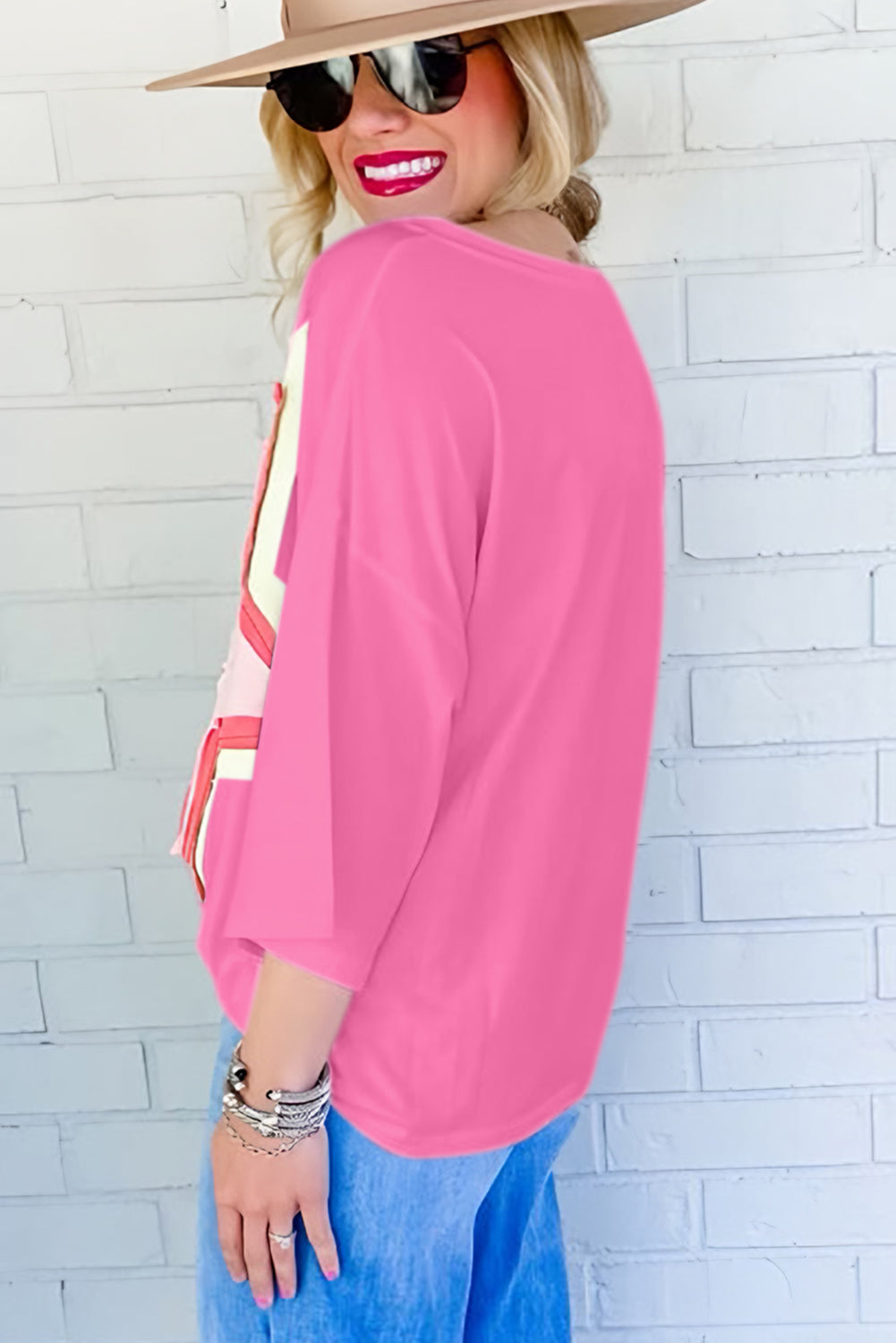 White Colorblock Star Patched Half Sleeve Oversized Tee