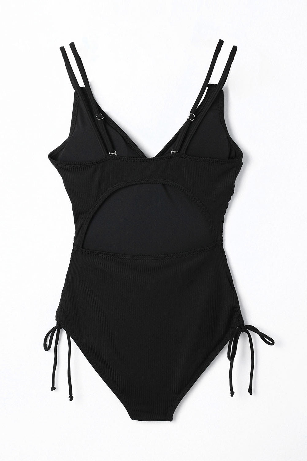 Black Adjustable Straps Ribbed Knit Backless One Piece Swimsuit