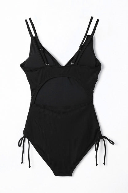 Black Adjustable Straps Ribbed Knit Backless One Piece Swimsuit