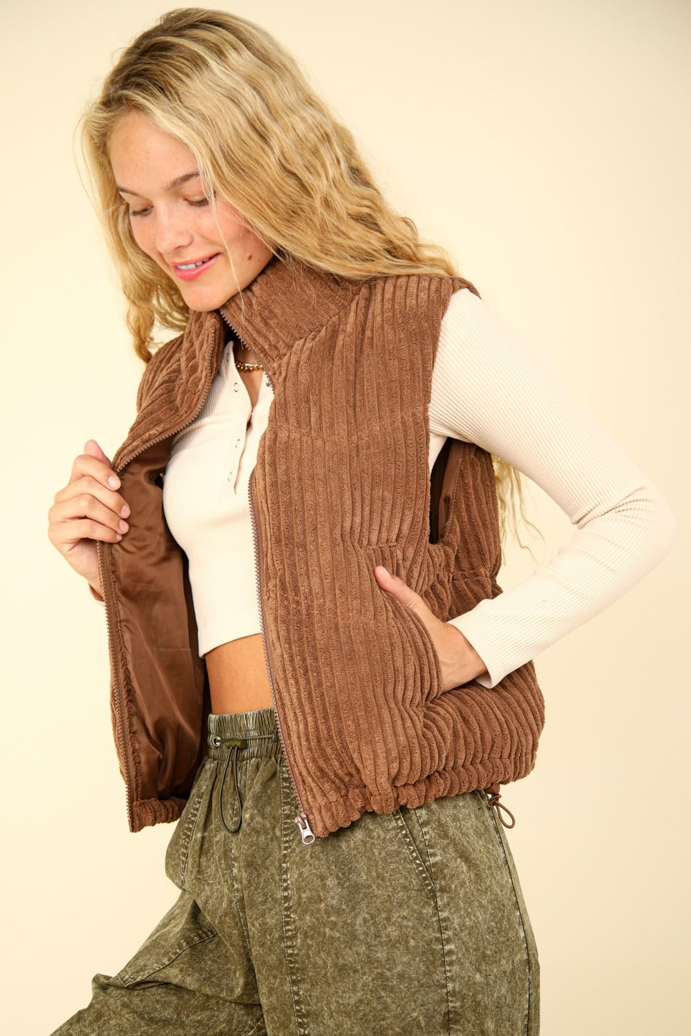 Chocolate Zip Up Padded Corduroy Puffer Vest