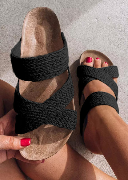 Sandalias sin cordones con plataforma y tiras cruzadas tejidas en beige