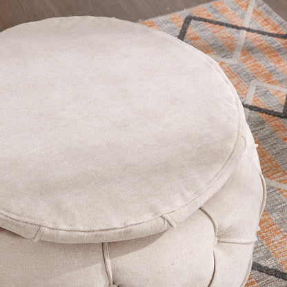 Beige Large Button Tufted Woven Round Storage Footstool