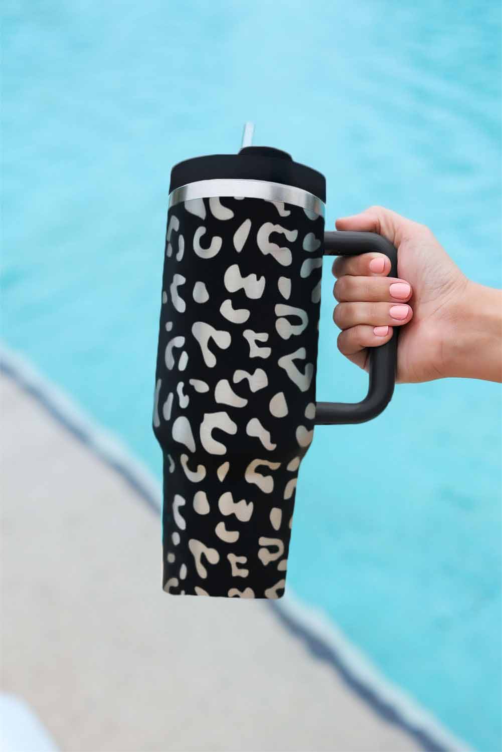 Pink 40oz Stainless Steel Portable Leopard Tumbler Mug With Handle