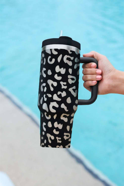 Pink 40oz Stainless Steel Portable Leopard Tumbler Mug With Handle