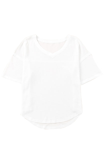 White Waffle Knit Casual Drop Shoulder Loose Top