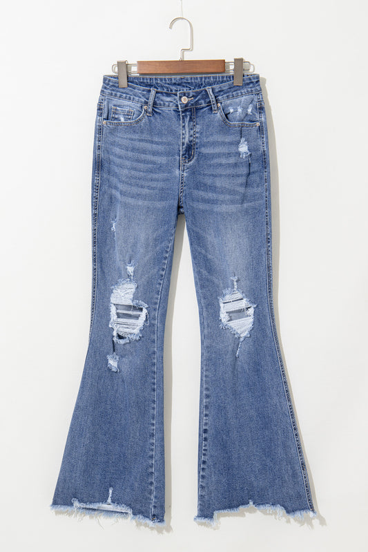 Dusk Blue High Rise Ripped Distressed Hem Flared Jeans