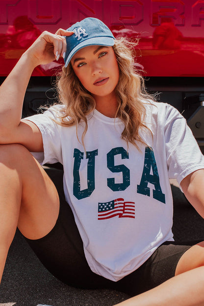 White USA Flag Patriotic Graphic Crew Neck Tee