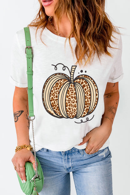 White Halloween Leopard Pumpkin Graphic Crewneck T Shirt