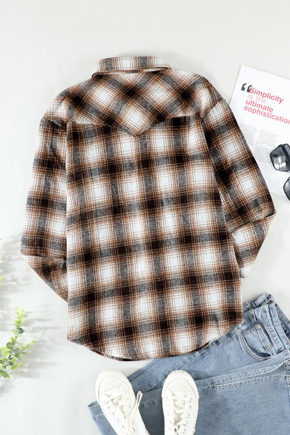 Button Up Collared Flannel Shirt Shacket with Flap Pockets