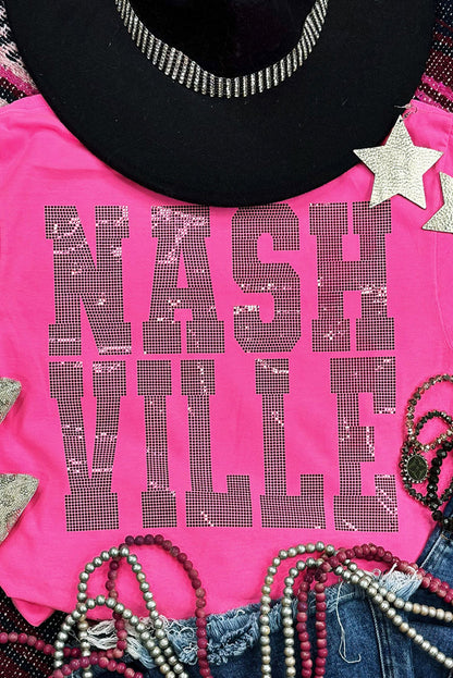 Camiseta con cuello redondo y gráfico NASHVILLE con diamantes de imitación en rojo rosa