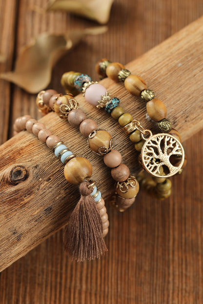 Pulsera de cuentas de madera con capas de borlas y dije de árbol de la vida marrón