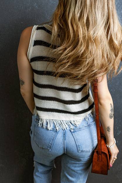 Beige Striped U Neck Fringe Hem Knit Tank Top