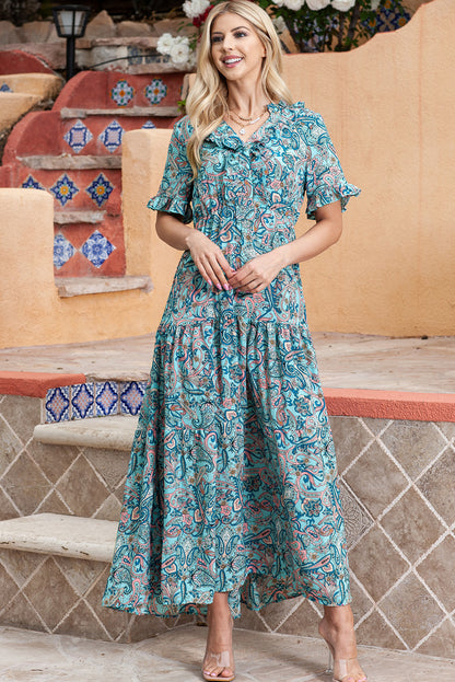 Vestido largo estampado de paisley con cuello en V dividido y escalonado boho azul cielo